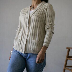 80's Vintage Oatmeal Knit Button Up Ribbed Cardigan/Hecho en Mexico